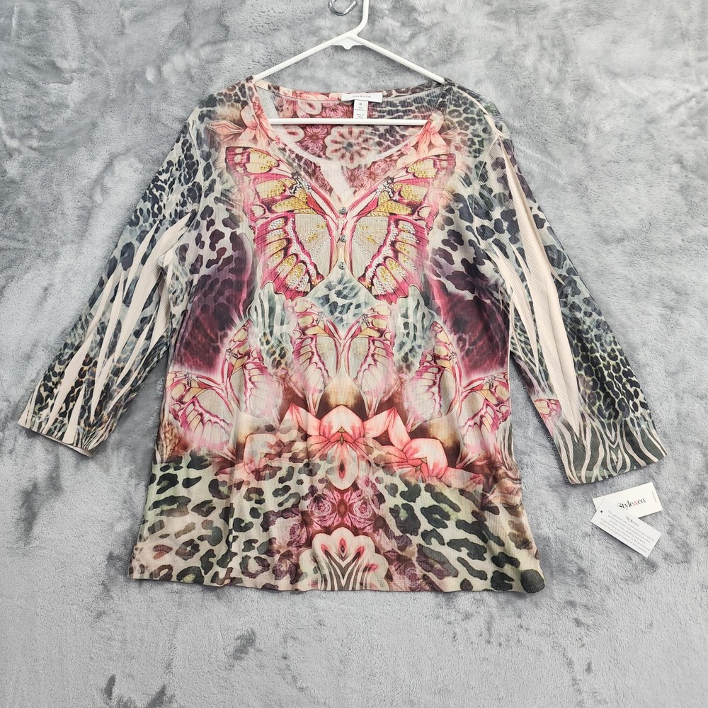 NEW Style&Co Top Womens‎ XL Multicolor Studded Butterfly Animal Print 3/4 Sleeve
